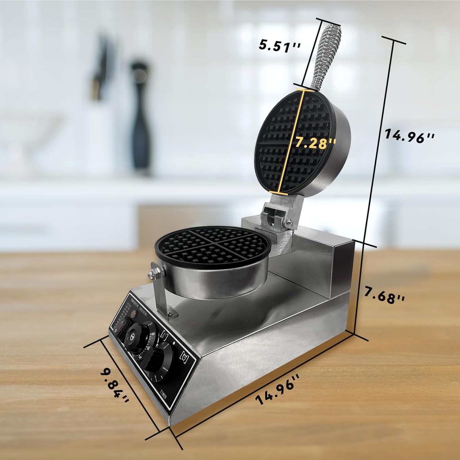 Commercial Waffle Maker, 1200W Stainless Steel Round Waffle Irons with Adjustable Temperature and Time Control, Non-Stick Design, Perfect for Home Kitchen, Restaurant, Bakeries