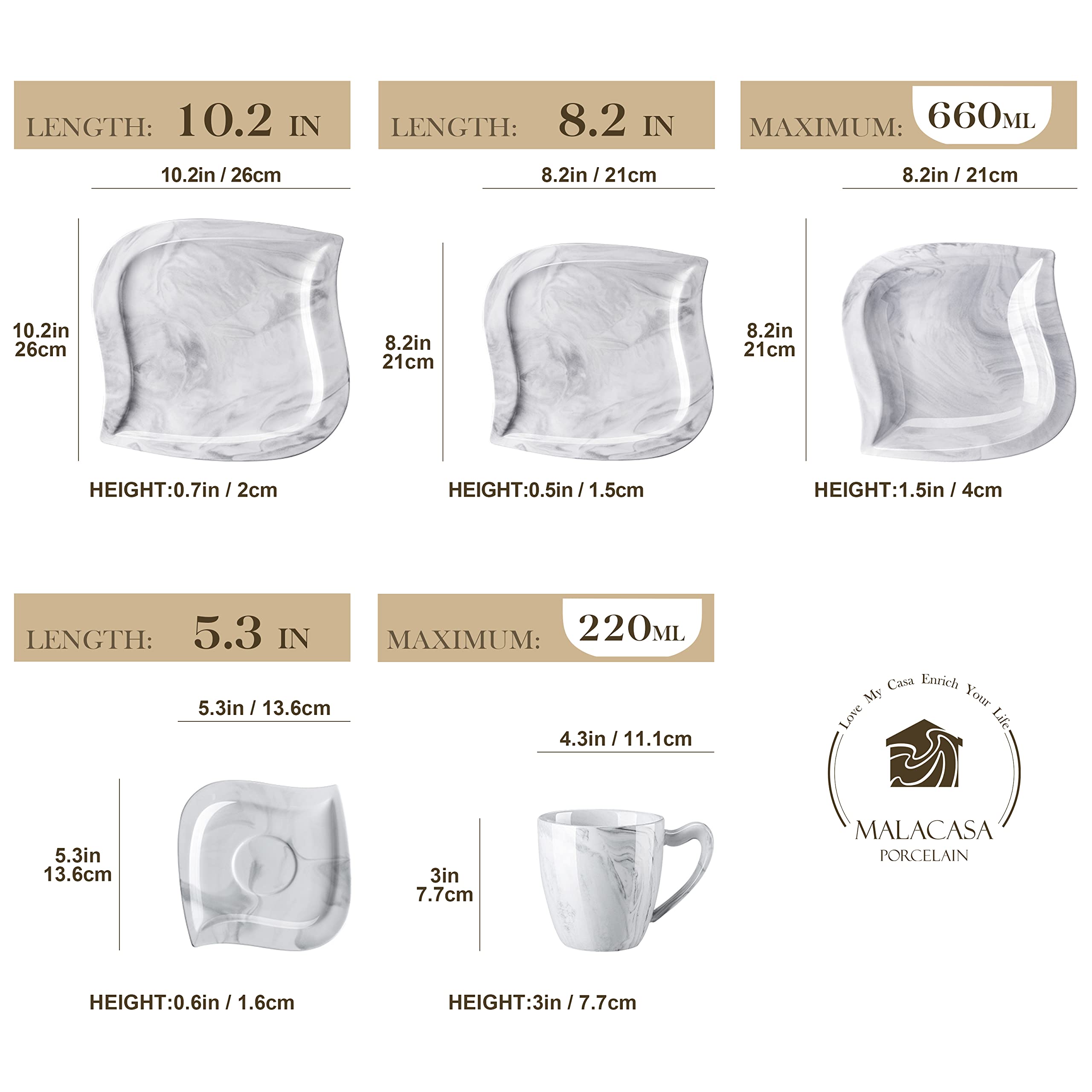 MALACASA seria Elvira 30-częściowy zestaw porcelanowy z marmurowym wzorem, zastawa stołowa z filiżankami, spodkami, talerzami deserowymi, talerzami głębokimi i płaskimi, dla 6 osób