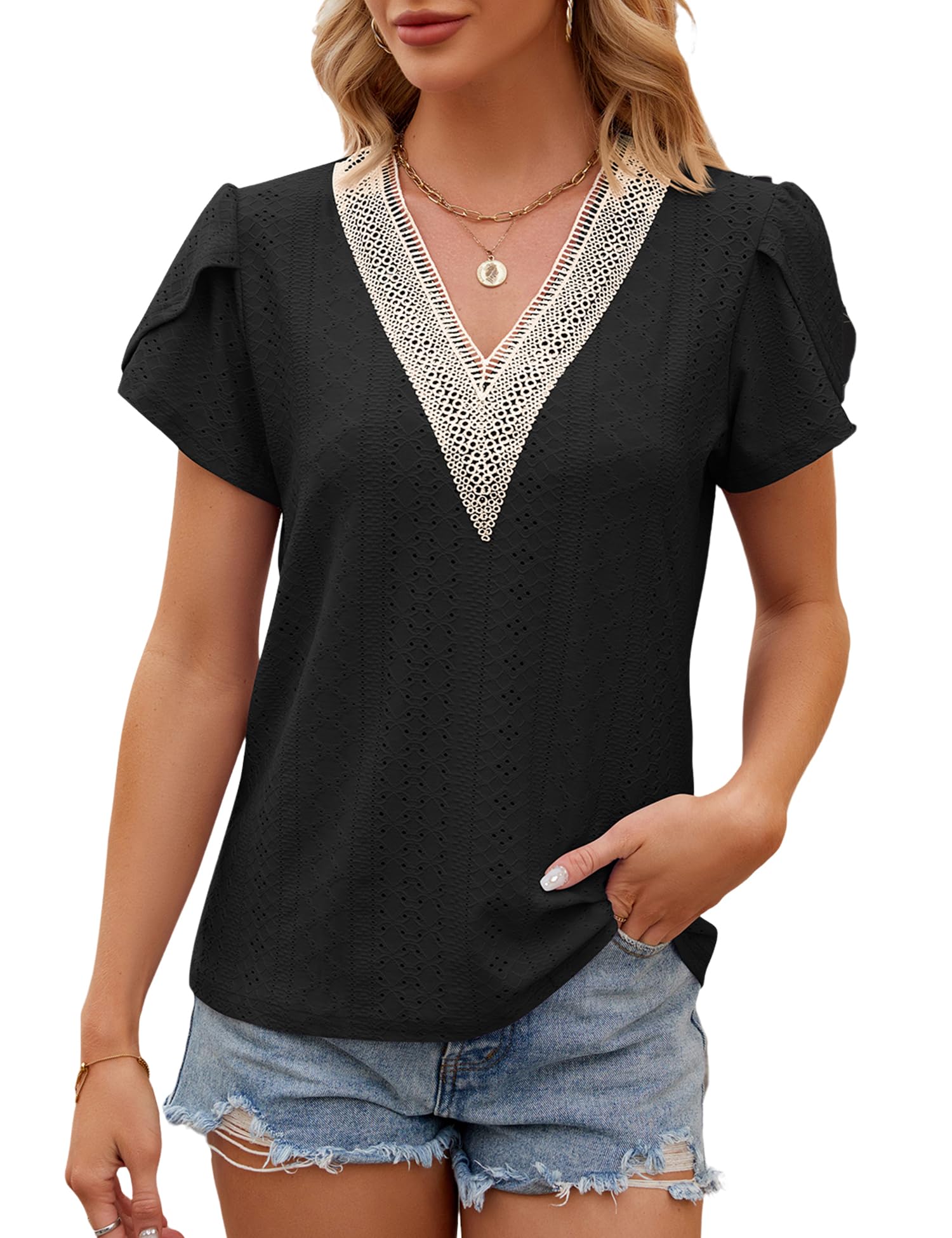 HANERDUN Camisetas Manga Corta Mujer Blusas Verano Elegantes Top de Encaje con Cuello en V Camisa Casual Manga Pétalo T Shirt Básica Túnica