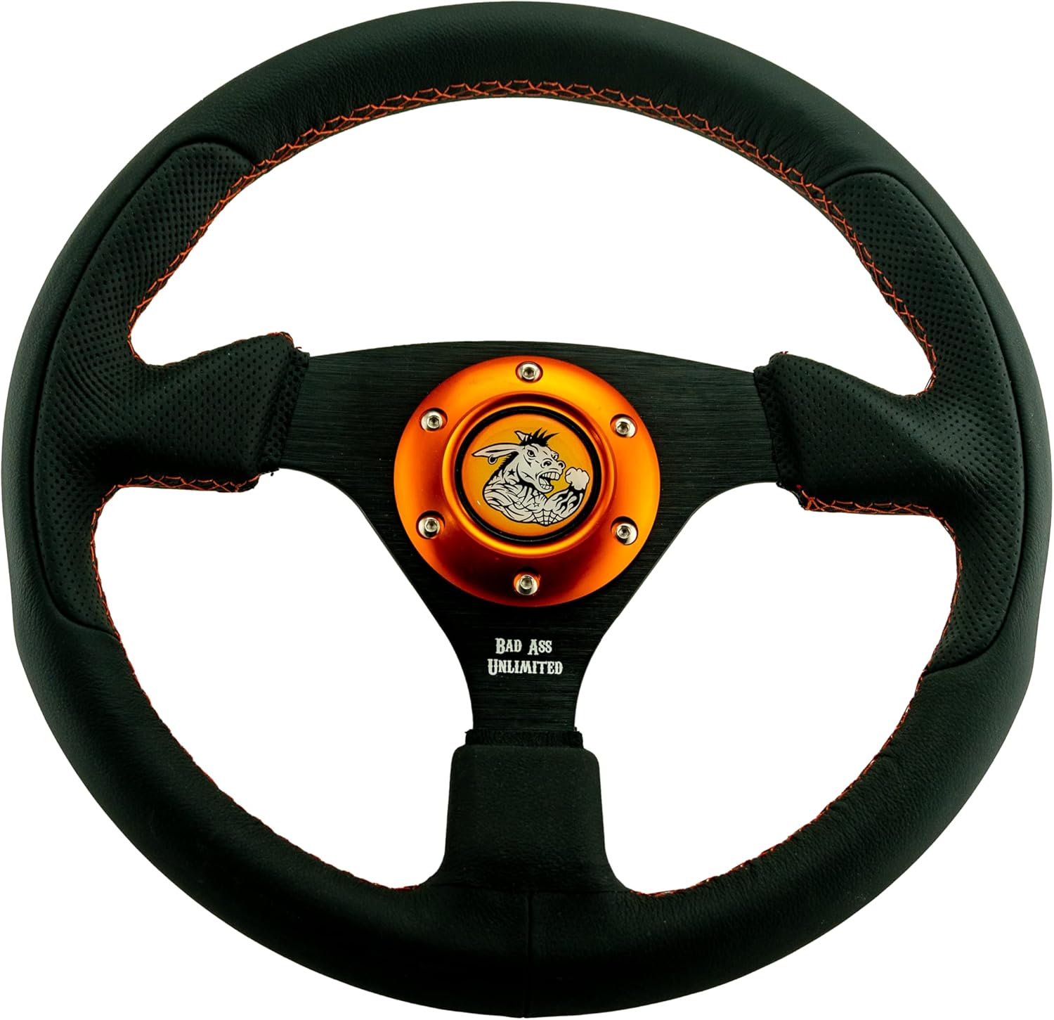 BLACK LEATHER STEERING WHEEL WITH ORANGE HORNO RING AND ORANGE STITCH - UTV - BOAT- TRUCK STEERING WHEEL