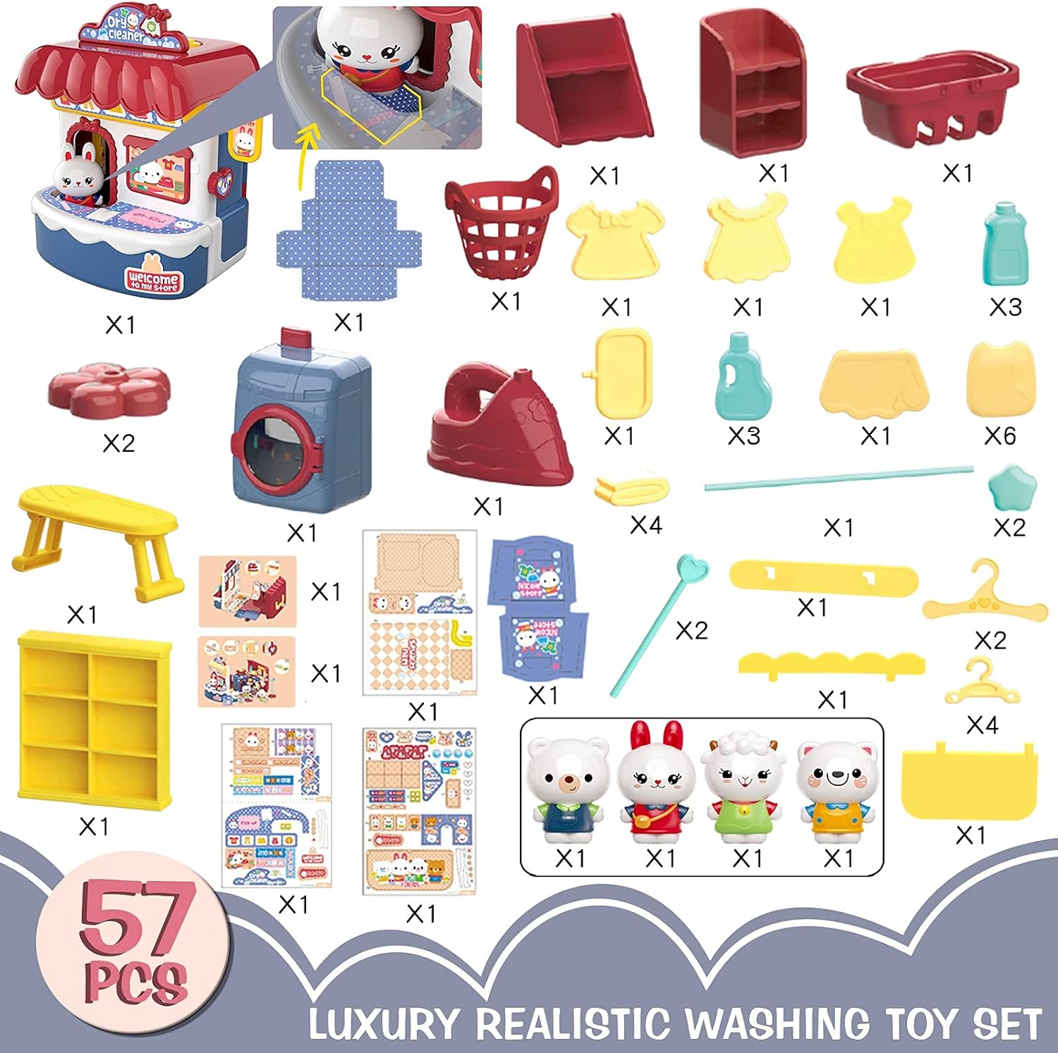 Lucky Doug Pretend Play Doll Playset Toys for Girls Kids Toddlers Age 3 4 5 6 7, 57 PCS Pretend Play Washer Laundry Set Toys with Mini Washing Machine, Kawaii Stuff 4 Dolls Role-playing Gift for Girls : Toys & Games