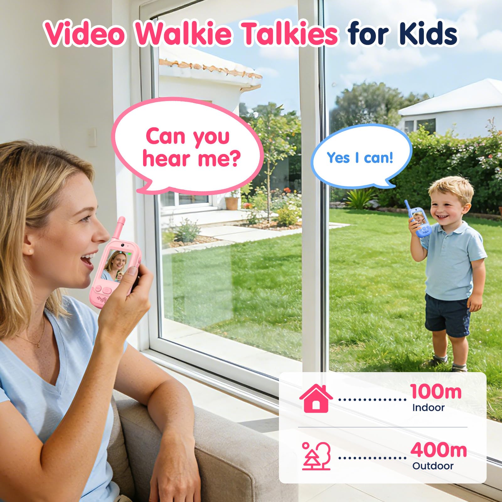 Gofunly Video Walkie Talkie Bambini, Set da 2 Dispositivi Ricaricabili con Interfono Video, Giochi per Interni ed Esterni per Attività in Famiglia per Ragazzo e Ragazza dai 3 ai 12 Anni - Rosa+Blu