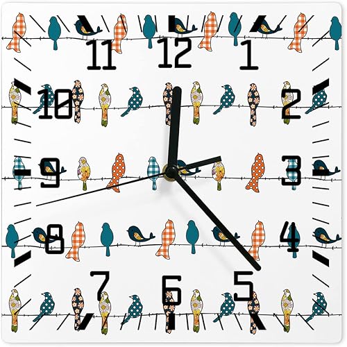 Reloj de pared de madera verde azulado y naranja con pájaros, silencioso, sin tictac, colorido a cuadros, floral, cuadrado, funciona con pilas,