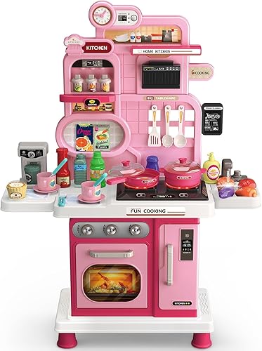 Juego de cocina, juego de cocina para niños con sonido y luz realistas, estufa de cocina, fregadero, comida de juego y accesorios, 57 piezas,