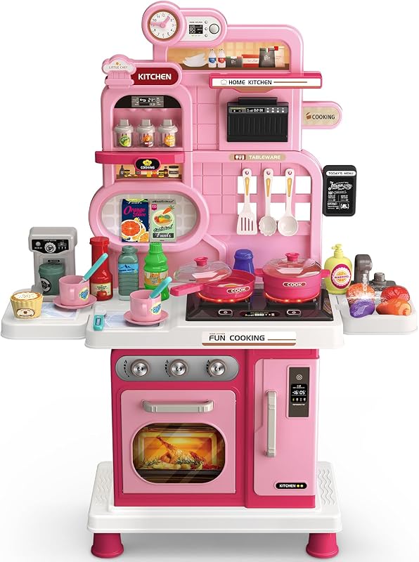Kids Kitchen Playset with Light Sound, Pretend Kitchen Toy for Toddlers | Kitchen Set for Kids with Realistic Cooking Stove, Sink and Accessories, 57 Pcs Kitchen Toys Gifts for 3-5 Girls(Pink)