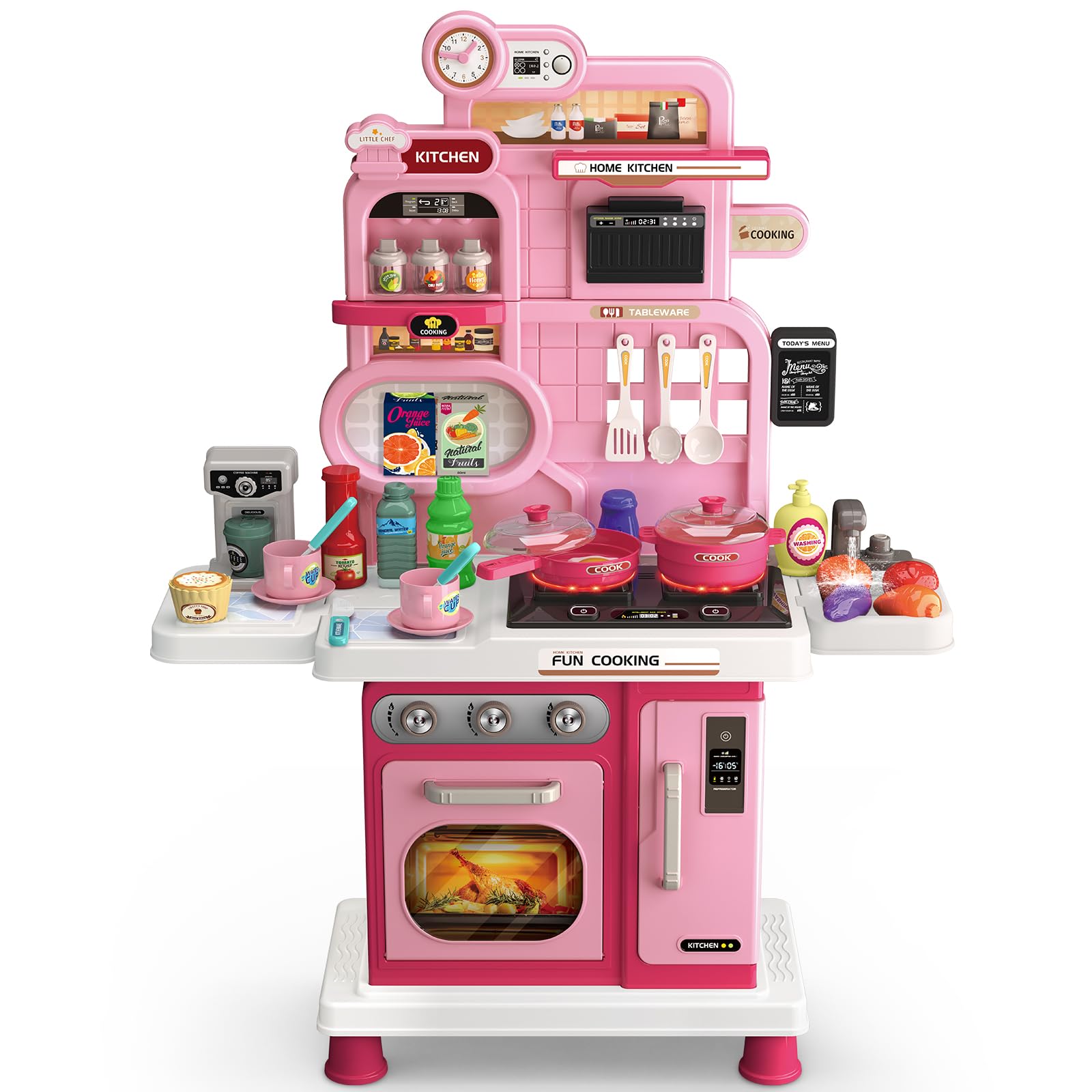 Play Kitchen Set, Kids Kitchen Playset with Realistic Sound & Light, Cooking Stove, Sink, Play Food and Accessories, 57 Pcs Kitchen Toys Gifts for