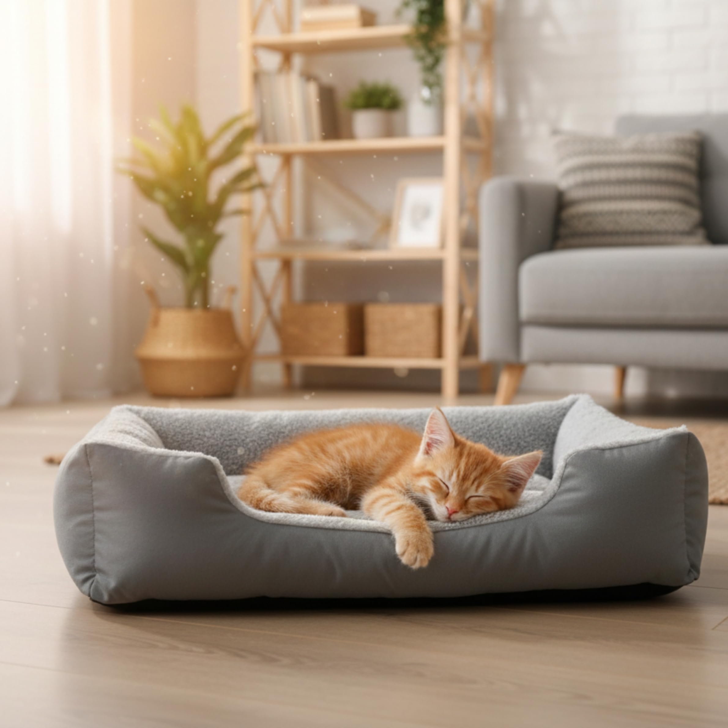 Dolce Vari Cat Bed & Dog Bed Basket with Fleece Lining – Soft Breathable Pet Sleeping Bed, Waterproof Non-Slip Base, Fibre Filled Pet Cushion Basket for Cats, Puppies & Dogs (Grey, 61x48x16cm)