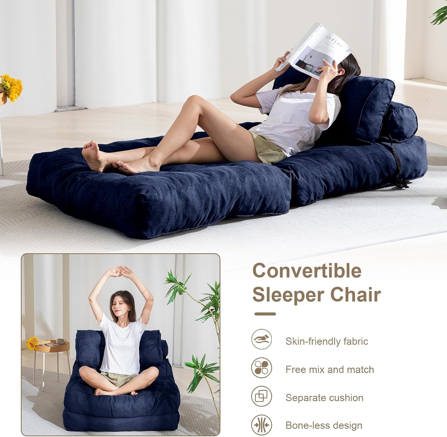 YOSHOOT Folding Couch Sofa Bed, Convertible Sleeper Chairs with Back Support, Foldable Futon Mattress with Pillow, Portable Fold Out Chair Bed Floor Mattress Floor Couch for Living Room