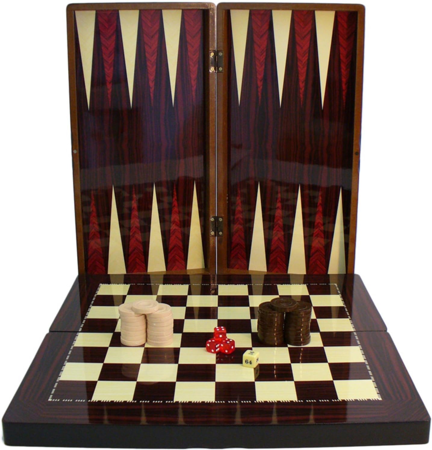 High Gloss Wood Grain Folding Backgammon Set with Chessboard