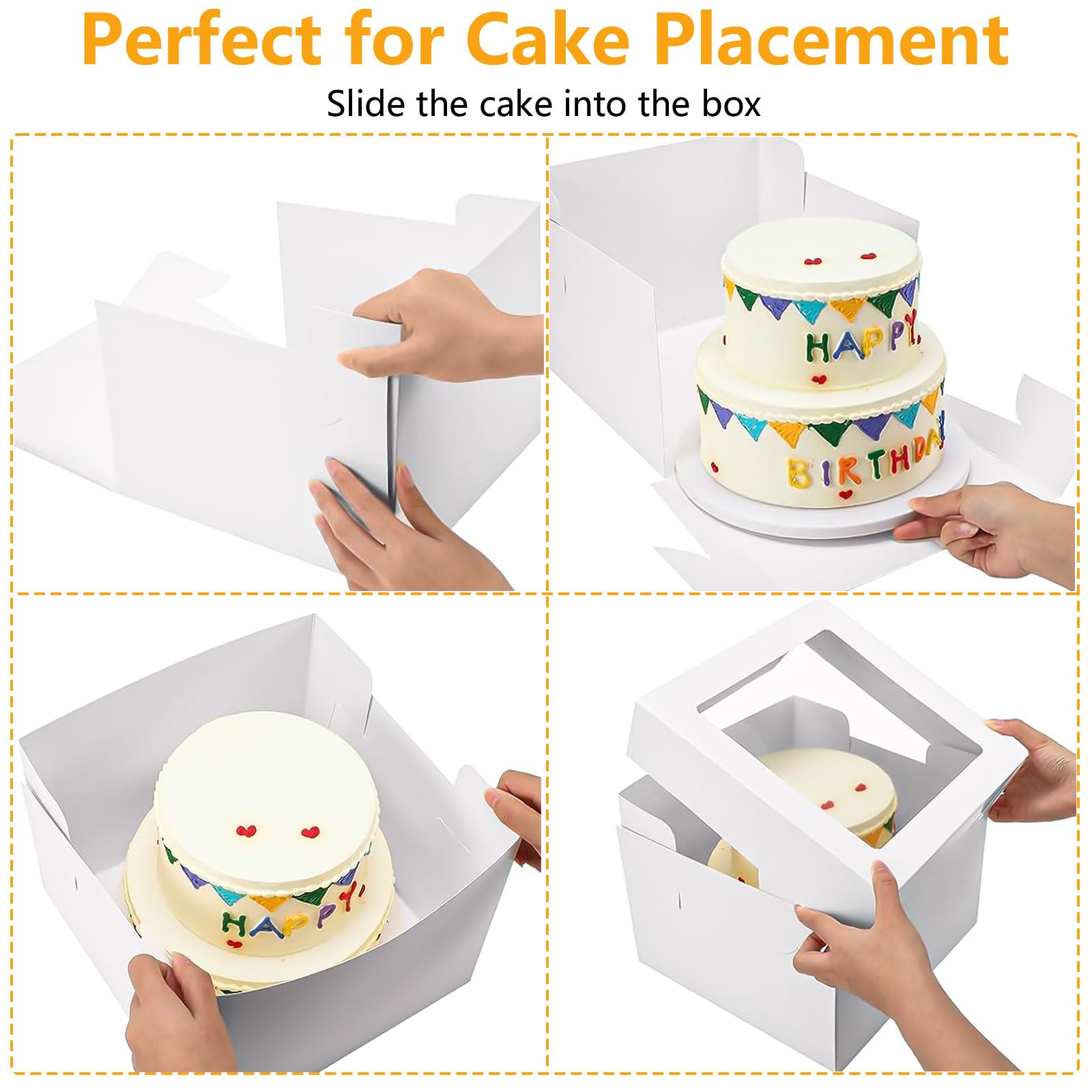 KOMABLEN Scatola per Torta 30,5x30,5x20,3cm, 10 Pezzi Bianche Scatole per Dolci in Cartone, Scatole per Torte con Finestra Vassoi, Porta Torta Cartone con Adesivi e Nastro per L'imballaggio Dessert