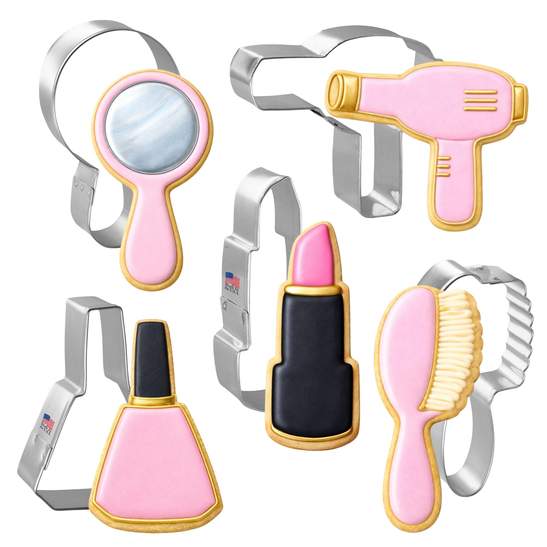 Foose Brand Diva Cookie Cutters 5 Piece Set - 2.75" Nail Polish, 3.75" Mirror, 2.75" Hair Dryer, 2.75" Lipstick, 4" Hair Brush, USA