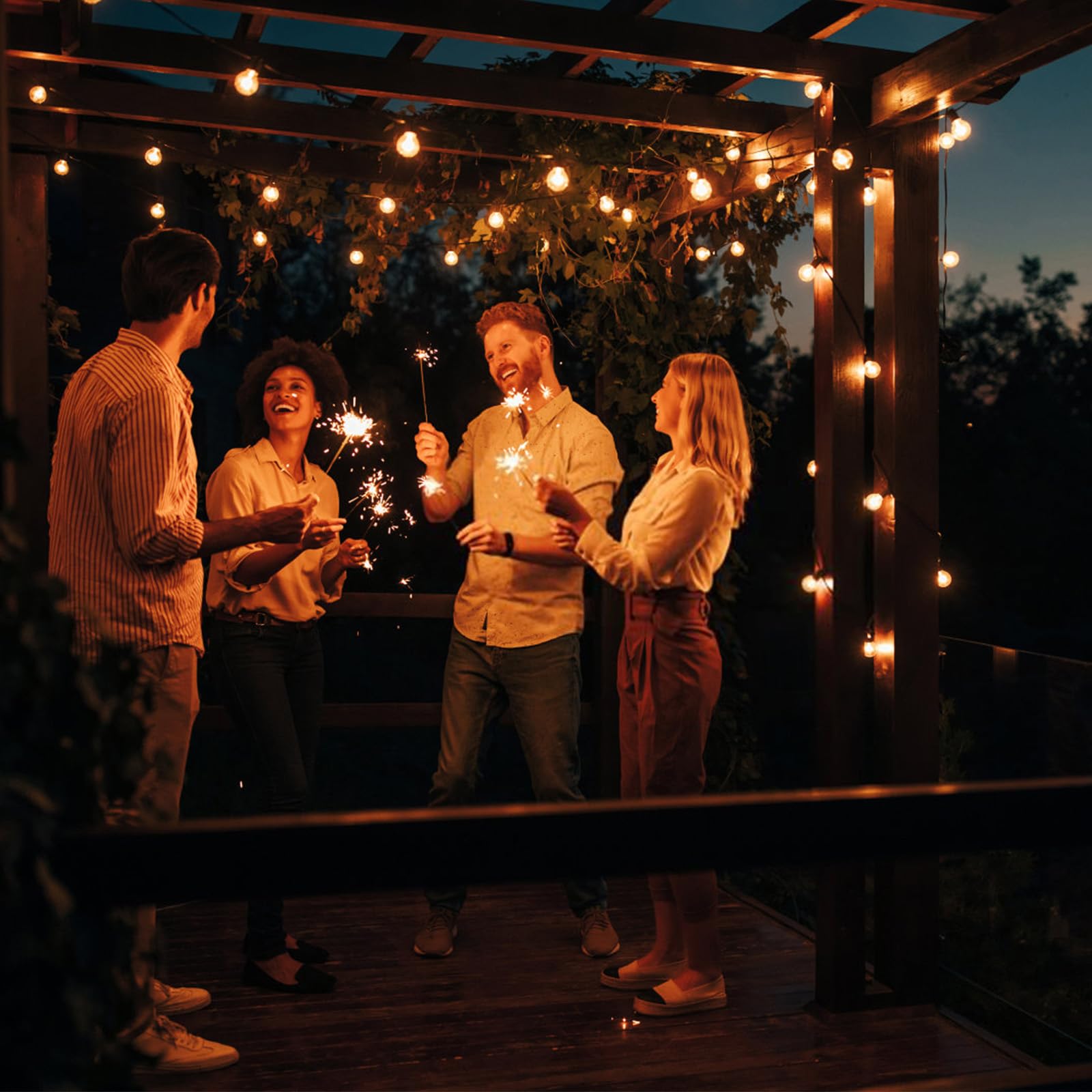 Guirnalda Luces Exterior, 15M IP45 Impermeable Conectable Guirnaldas con 25+1 Bombillas de Plástico Inastillable, 2500K Blanco Cálido para Jardín, Patio, Fiesta, Boda e Interior/Exterior