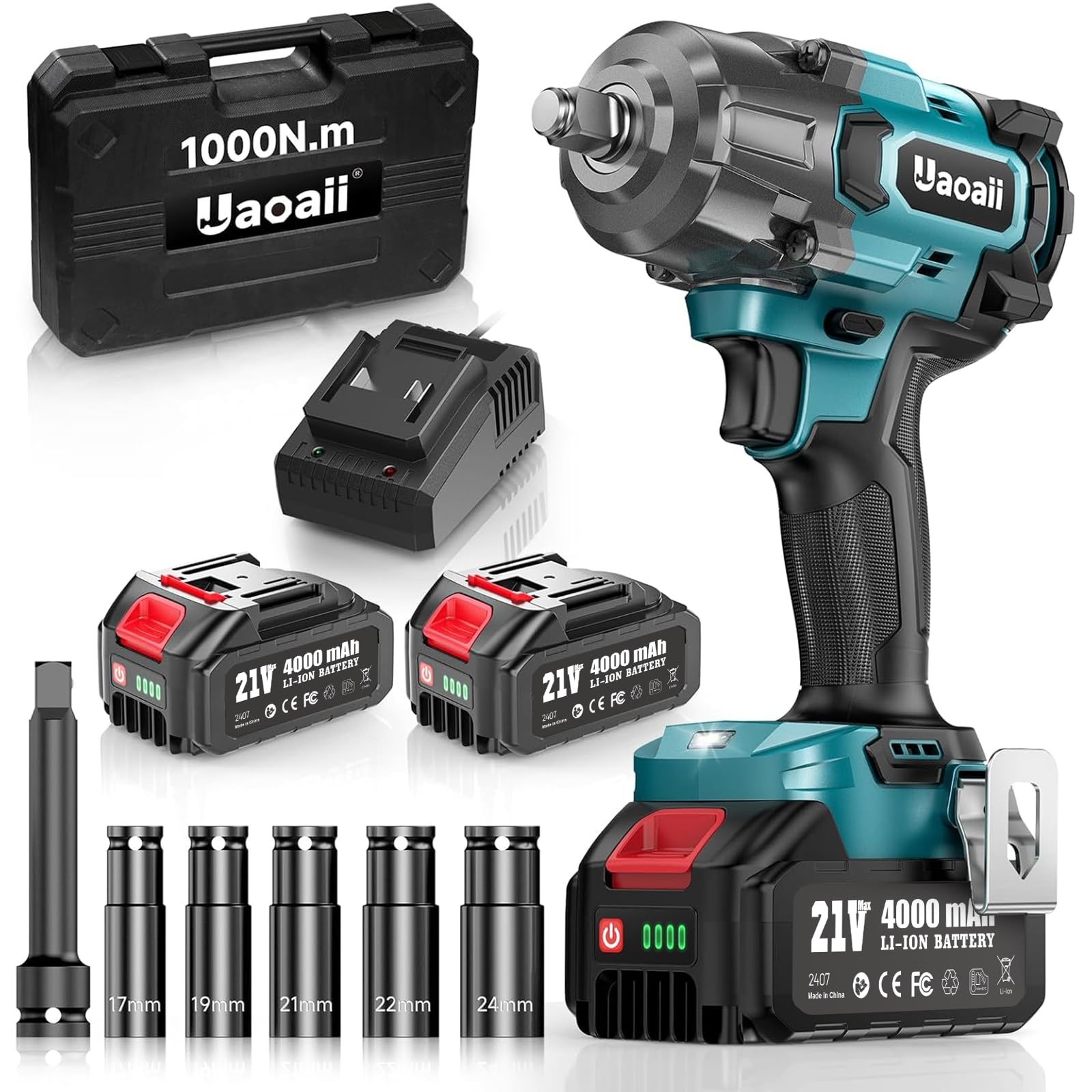 Brushless Cordless Impact Wrench 1/2 Inch 1000 Nm Electric Impact Wrench 4000 mAh Battery Impact Screwdriver Adapter 5 Sockets Included Power and Easy to Bolt and Unbolt