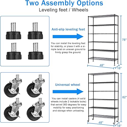 Miniatura 4 de XXkseh Estantería de alambre con ruedas, estantería de metal ajustable de 6 niveles, estantes de almacenamiento resistentes, capacidad de 2100