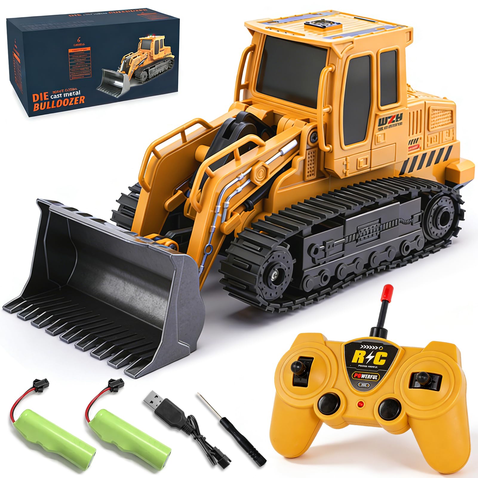 Jiakora Bulldozer Teledirigido, Juguete de Vehículos de Construcción, Pala Cargadora Teledirigida, Excavadora RC de 2,4 GHz con Luces Sonoras y 2 Batería Recargable, Regalo para Niños de 4 a 12 Años