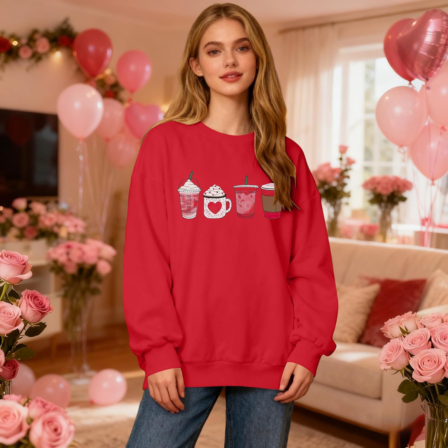 MYHALF Valentines Day Sweatshirts Valentine Shirts: Womens Love Heart Long Sleeve Tops Oversized Patch Crewneck Pullover - Image 5