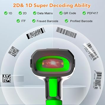 Symcode Upgraded 2D Barcode Scanner with Display Screen 1968 Feet Transmission Distance with Wireless Charging Cradle Bluetooth 433Mhz Wireless USB Wired Handheld Shock Dust Proof Bar Code Scanner