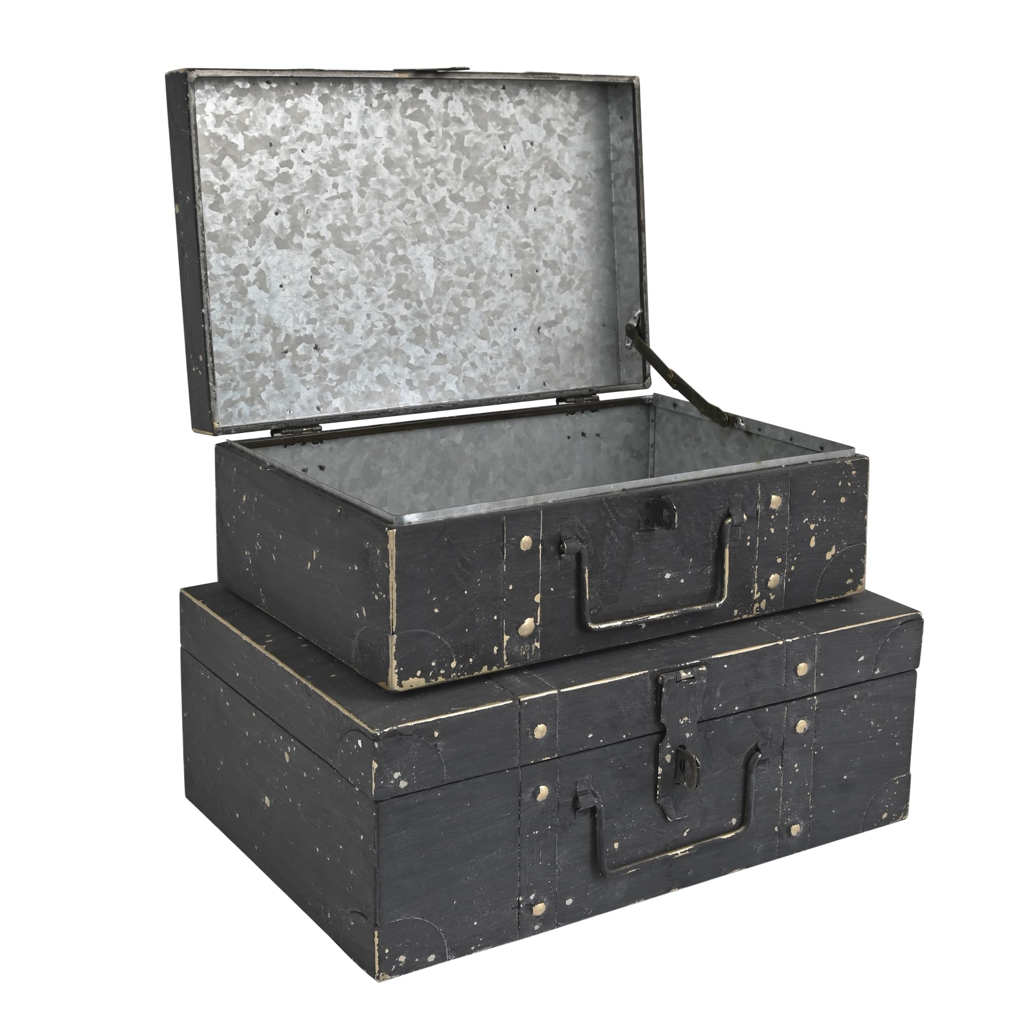 Vintage Metal Storage Trunks - Set of 2, Antique Decorative Storage Chests with Lids, Decorative Suitcase Boxes, Vintage Suitcases for Keepsakes and Home Decor, Black