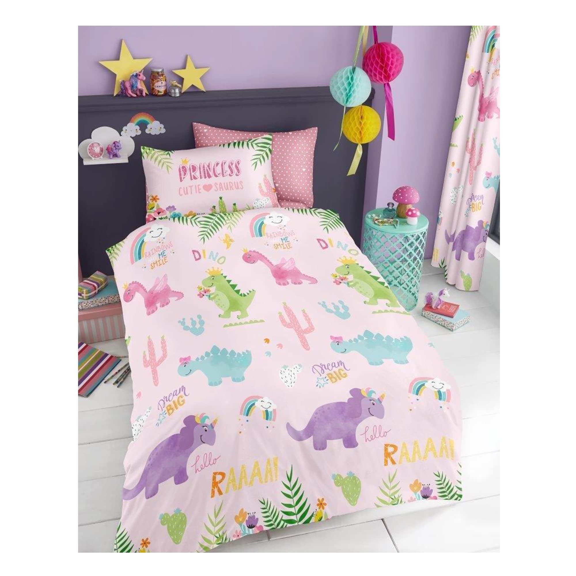 Lions Girls Cutie Sairus Bedding Set Single Bed Size - 2 Piece Dinosaur Saurus Duvet Cover Set With Matching Pillowcase, Ultra Soft Printed Quilt Covers, Kids Children, Pink, 137X200cm
