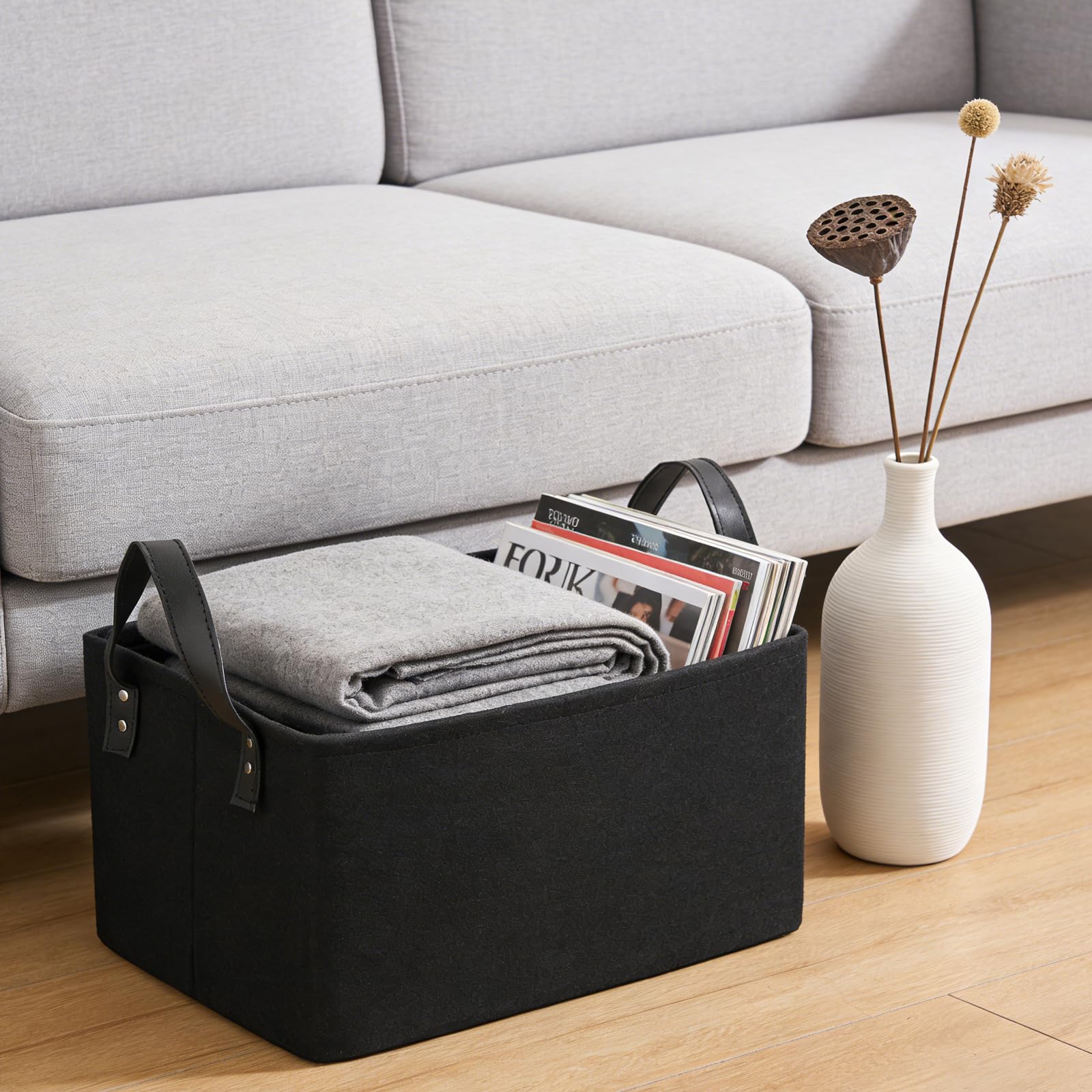 Lot de 3 paniers de rangement pliables en feutre avec deux poignées, panier de rangement pour vêtements, magazines, journaux - Noir