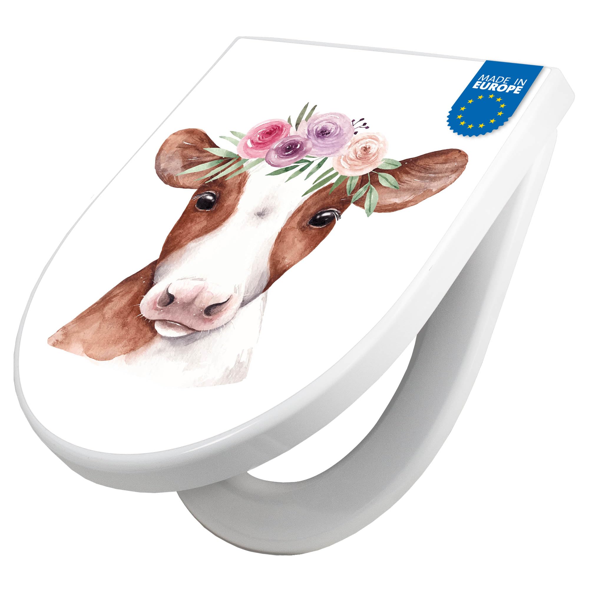 banjado WC Sitz mit Absenkautomatik D Form - Toilettendeckel mit Absenkautomatik D Form - Klodeckel Softclose - stabile Klobrille - Toilettensitz Weiß - Motiv Kuh mit Blumenkrone