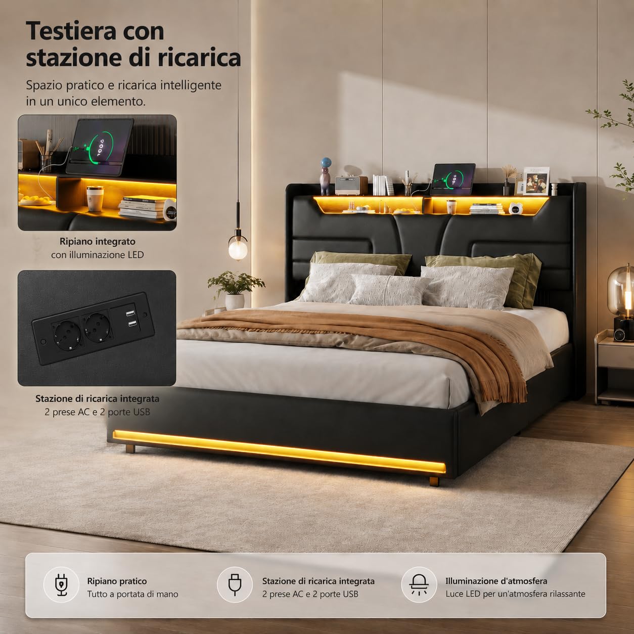 Letto Matrimoniale 160x200 cm con LED RGB, Testiera Imbottita Nero PU, Struttura a Stecche Rinforzata, Contenitore ad Apertura Gas e USB, Senza Rete Elasticizzata Richiesta (Nero PU, 160x200)