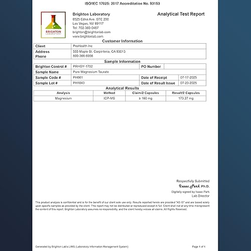 Miniatura 3 de ProHealth Taurato de magnesio puro, 160 mg por porción  Suplemento de biodisponibilidad óptima para un envejecimiento saludable  Apoya la salud