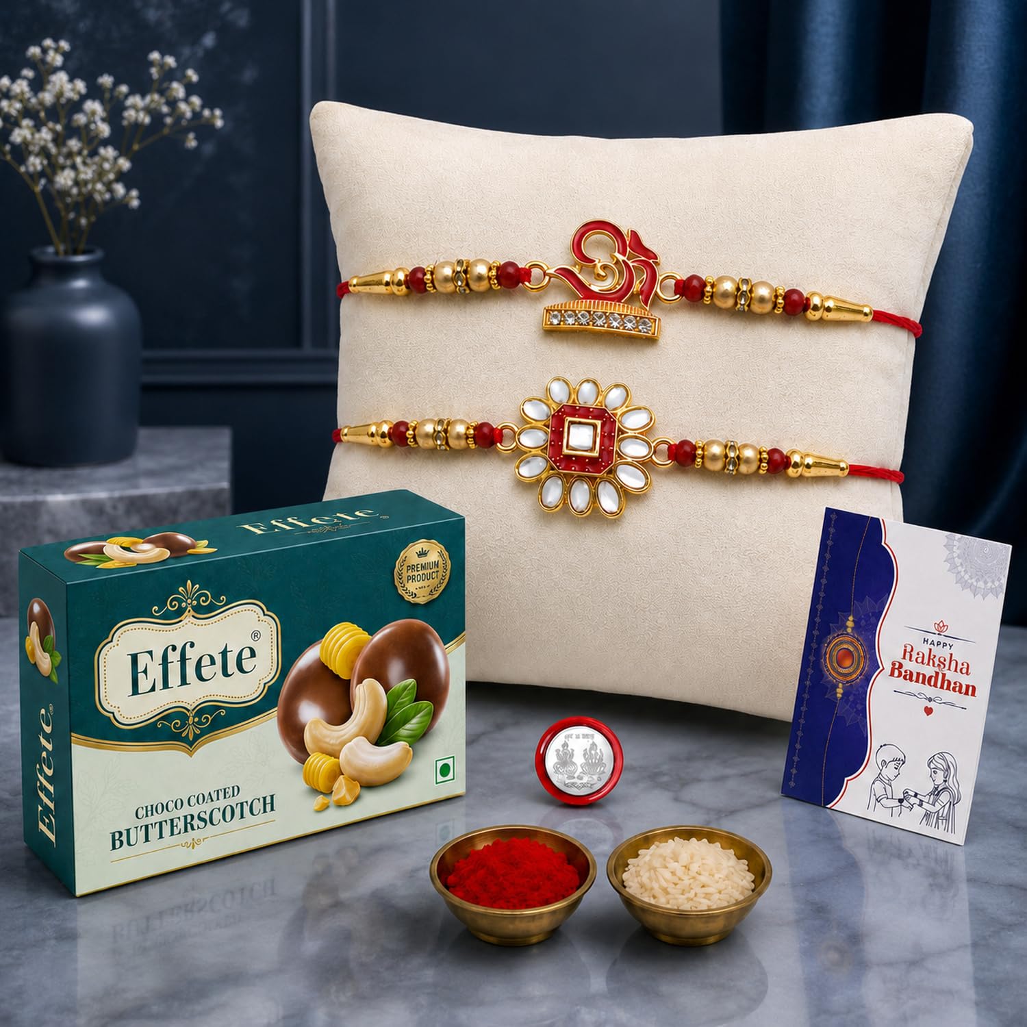 Oblivion Designer Om Rakhi Set of 2 for Brother – Meenakari Design with Choco Coated Butterscotch Chocolate 32gm, Pooja Coin, Roli Chawal & Card | Rakhi with Chocolate Combo for Raksha Bandhan
