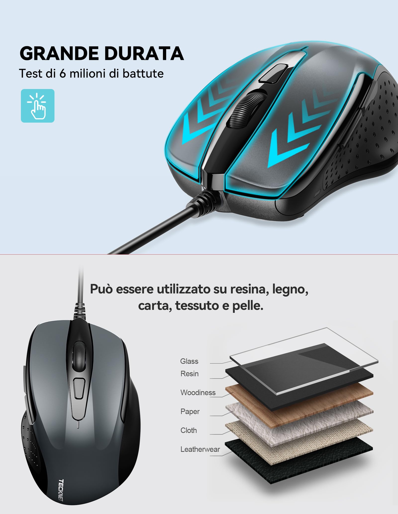 TECKNET PRO Mouse con Filo, 6400 DPI Ottico Mice Cablato, 6 Pulsanti, Cavo USB 1.5M, Plug and Play, Mouse Ergonomico con Filo per PC, Computer, Laptop - Grigio