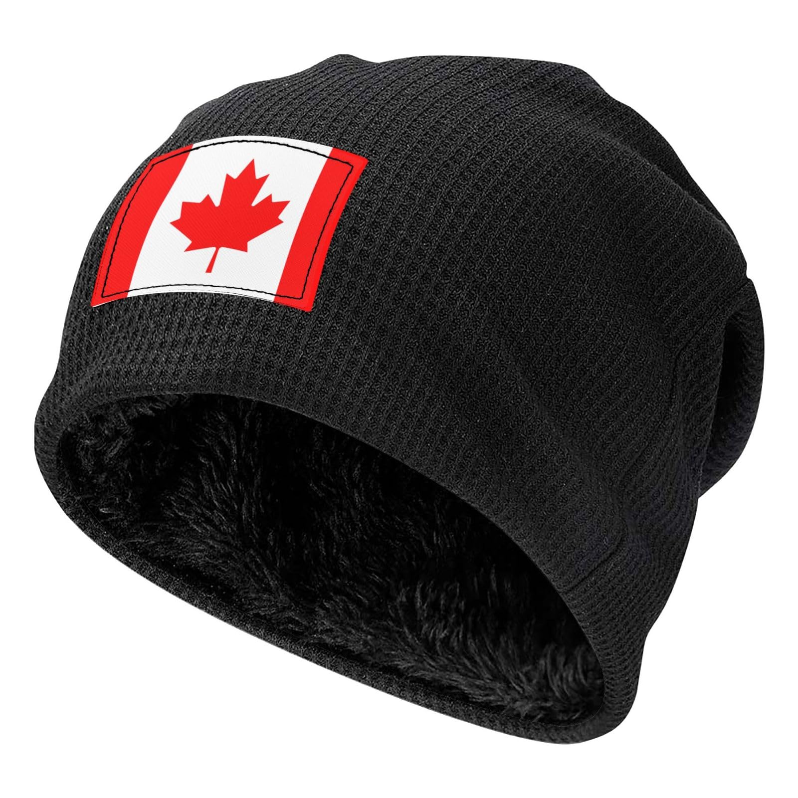 Hgnbcsa Canadian Flag Print Winter Beanie Hat Warm Fleece Lined Skull Cap for Mens Women Windproof Watch Hat Unisex Beanie Black