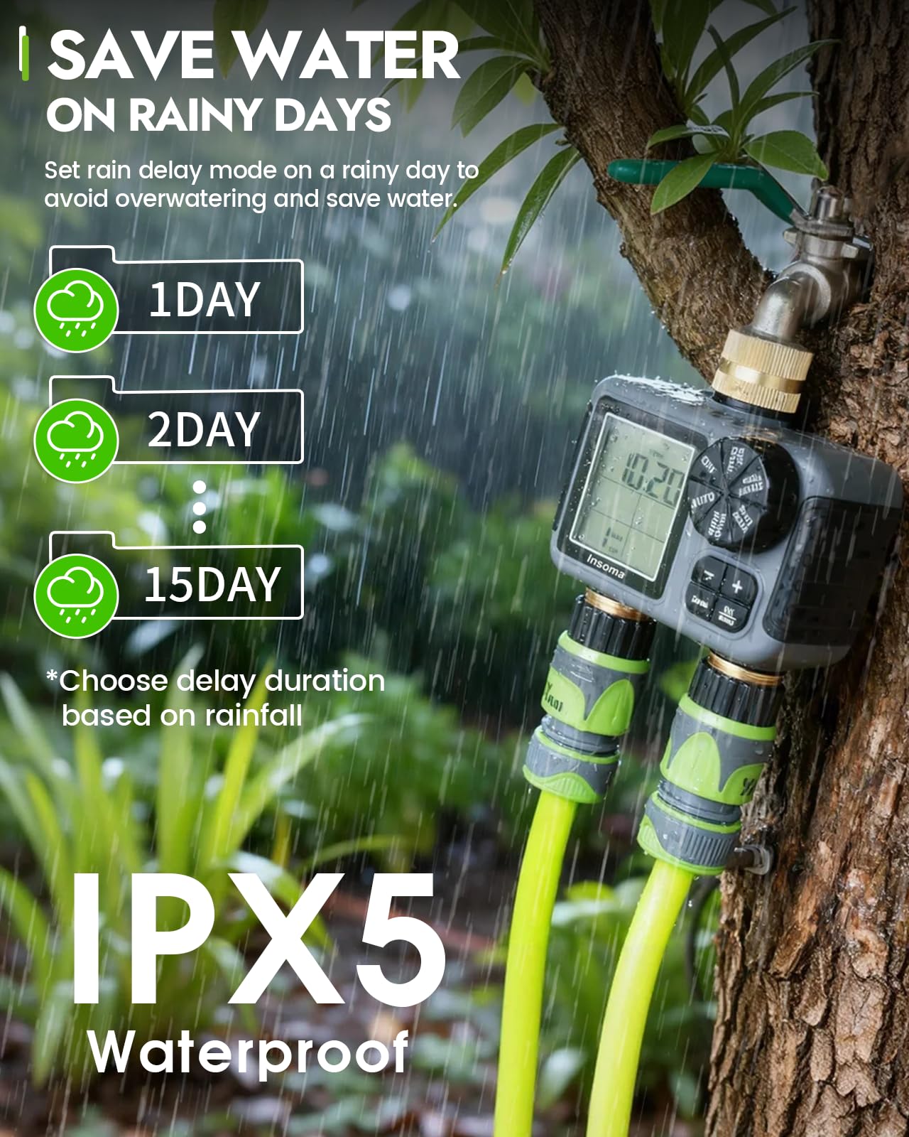 Insoma Timer irrigatore a 2 zone con ingresso e uscita in ottone, timer dell'acqua per tubo da giardino con modalità auto/manuale/ritardo pioggia, grande display LCD, timer per tubo flessibile di