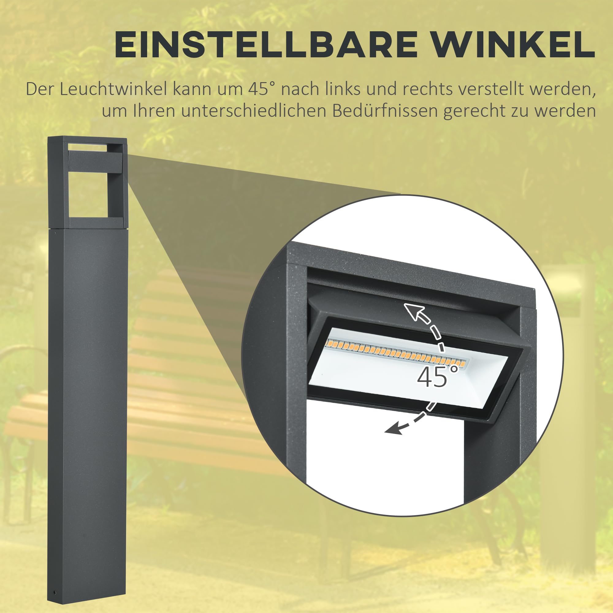 Outsunny Gartenlampe Pollerleuchte 90 cm hoch, LED Gartenleuchte, Wegleuchte mit Warmweißem Licht, Verstellbarem Neigungswinkel, für Außen, IP65 Wasserdicht, Alu, 16 x 5 x 90 cm, Dunkelgrau