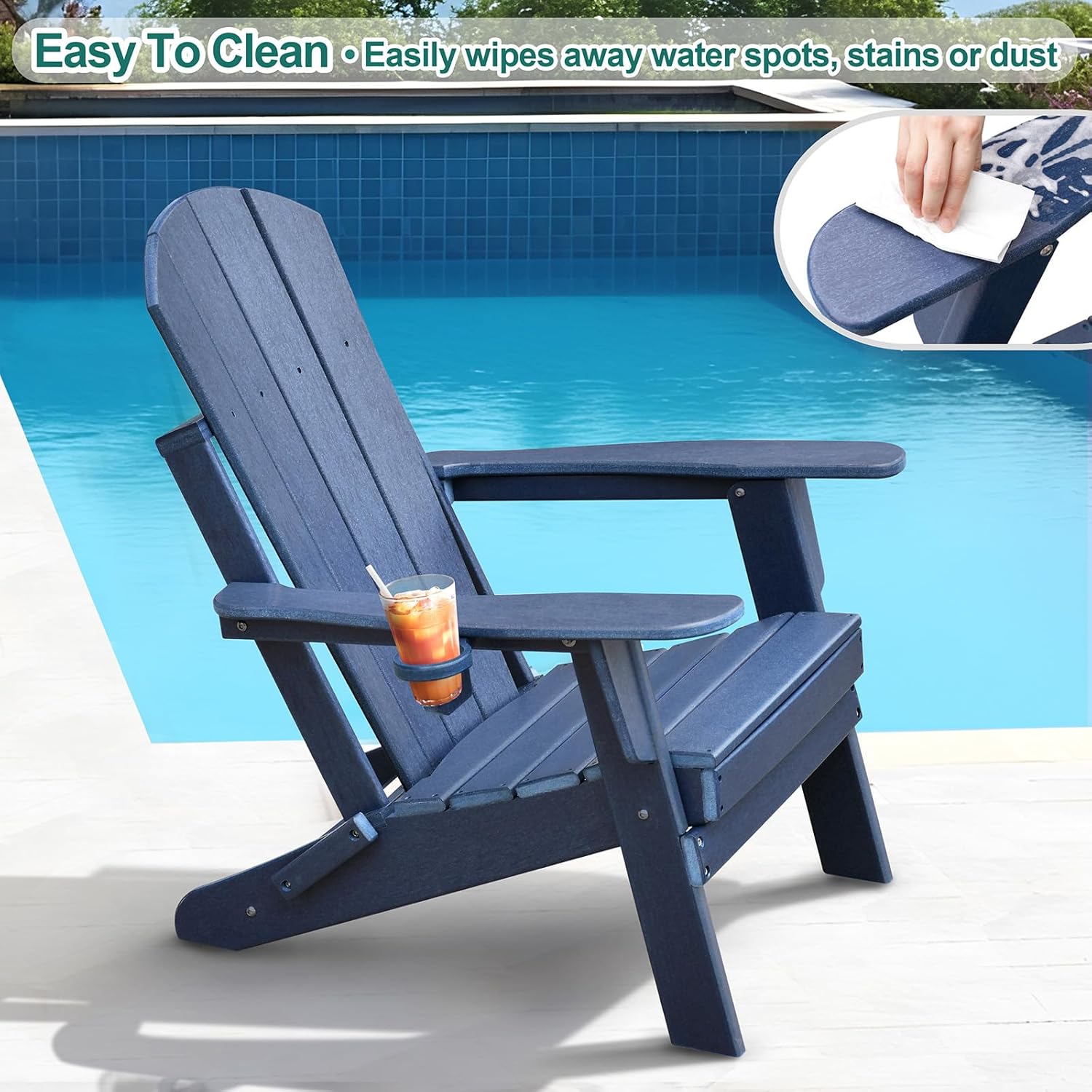 ATR ART TO REAL Folding Adirondack Chairs, HDPE Weather Resistant Outdoor Firepit Chairs with Cup Holder, Patio Folding Chairs for Garden, Lawn, Backyard, Deck, Fire Pit(Navy Blue)