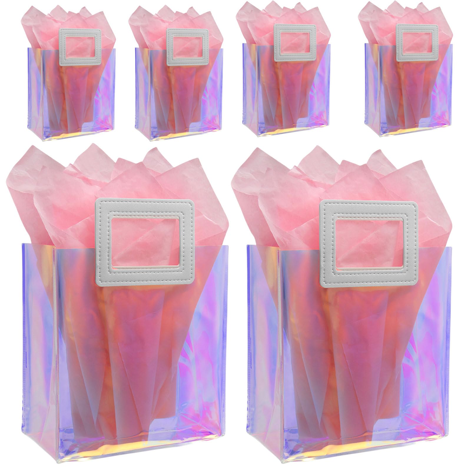 Caleihd 6PCS Holographic Clear Gift Bags with Tissue Paper, 7.9 * 7.1 * 3.9 inch with Handles,Treat Bags Goody Bags,for Christmas, Birthday Party,