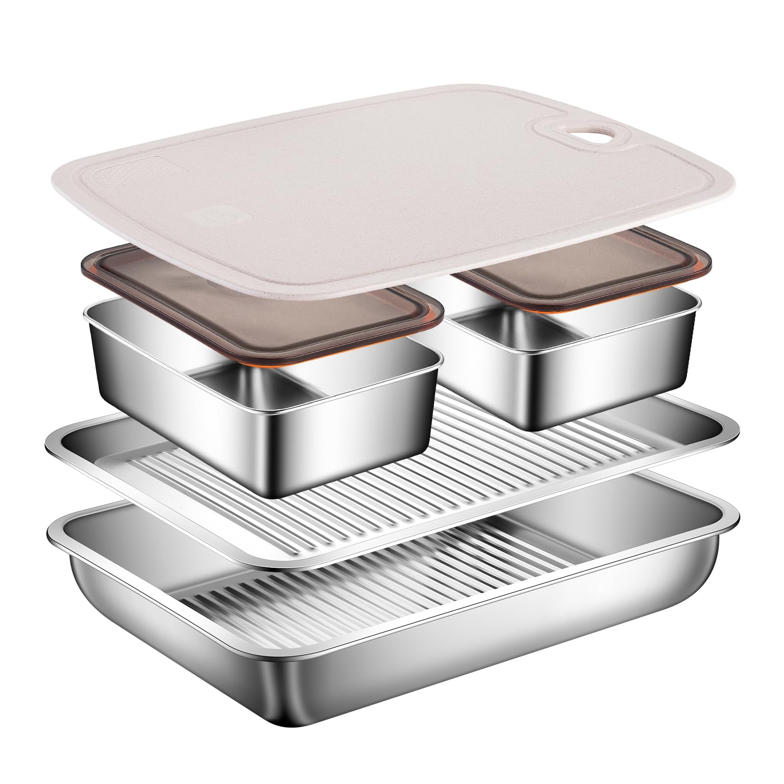 5 in 1 Grill Tragesystem, Drip EZ BBQ und Meal Prep Tub, Fleischplatte zum Servieren, Grill Prep Tray mit Schneidebrett für Outdoor Grill, Marinierbehälter mit Deckel, Edelstahl