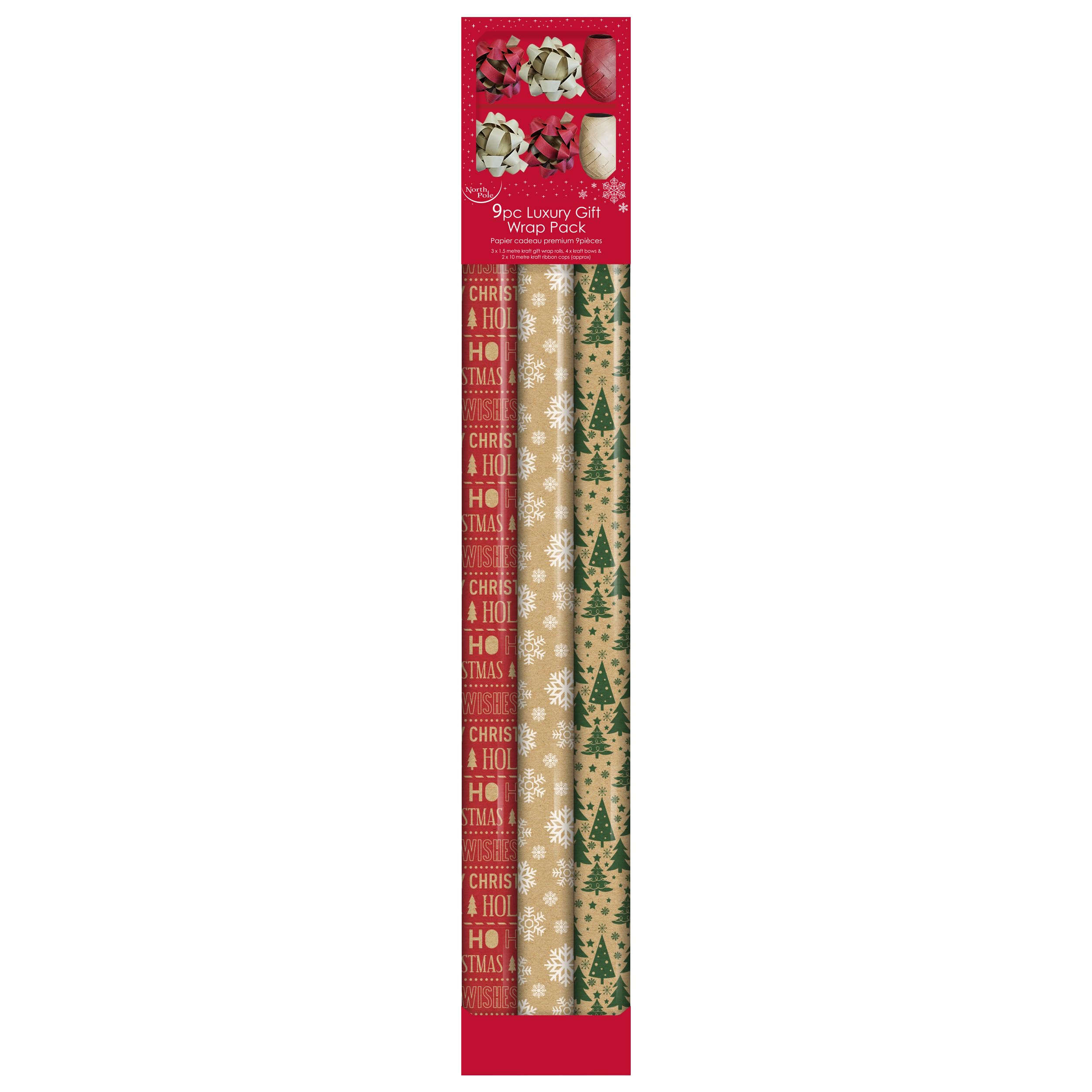Eurowrap Kraft Paper Gift Wrap Set – 9 Piece Recyclable Christmas Wrapping Kit with 3 Rolls, Bows & Ribbon – Eco-Friendly Brown Kraft Paper Gift Wrap for Festive Presents
