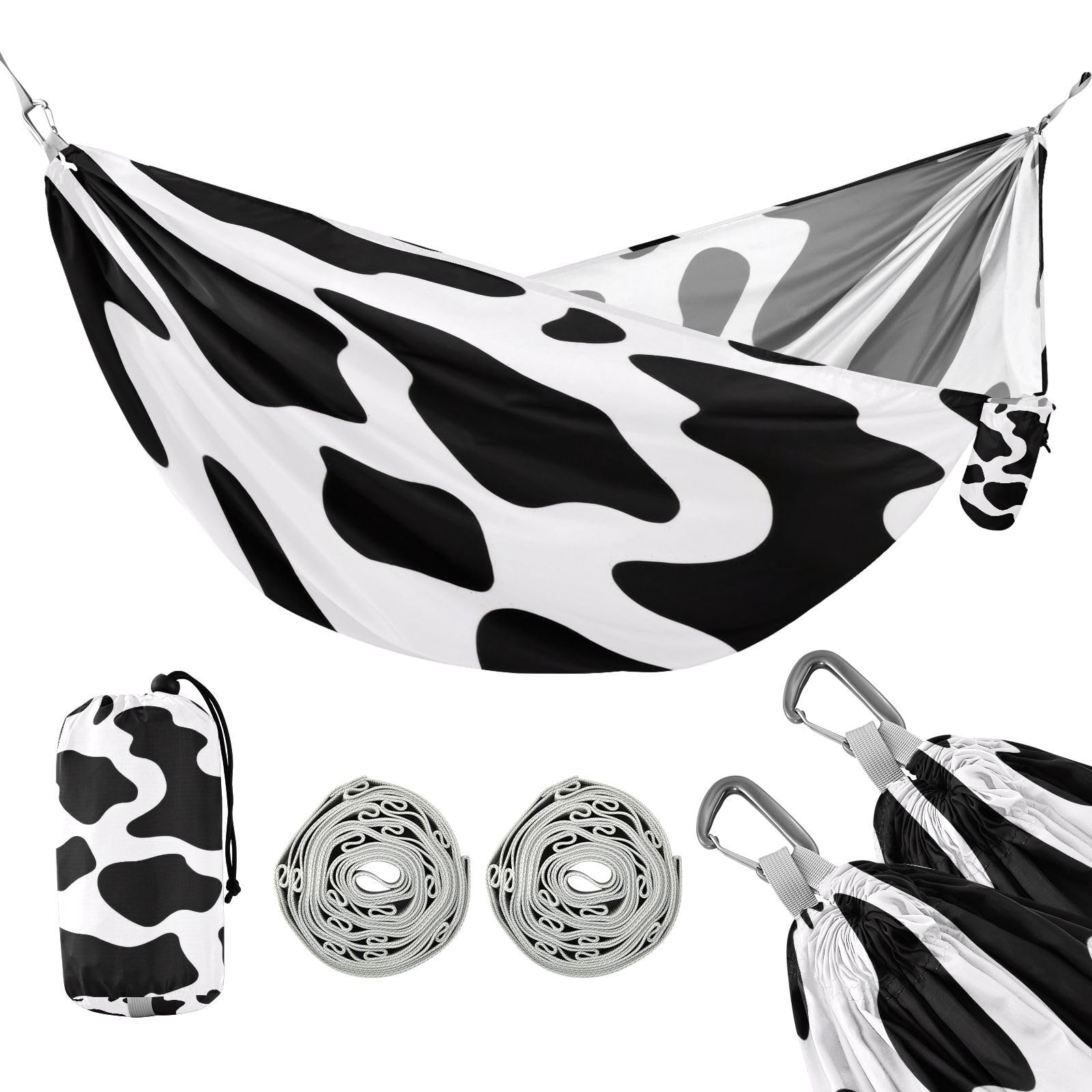 Haskirky Cow Style Black White Camping Hammock, Single Portable Hammocks with Tree Straps & Attached Carry Bag, 330Lbs Capacity Perfect for Outside Indoor Hiking Beach Backpack Travel