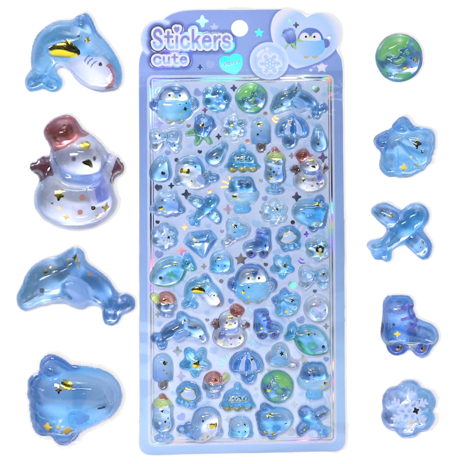 3D Cute Stickers DIY Snowflake Snowman Shark Stickers Blue Theme Pegatinas 3D Cartoon Scene Reusable Fun DIY Scrapbooks Planner Journals Laptops Phone