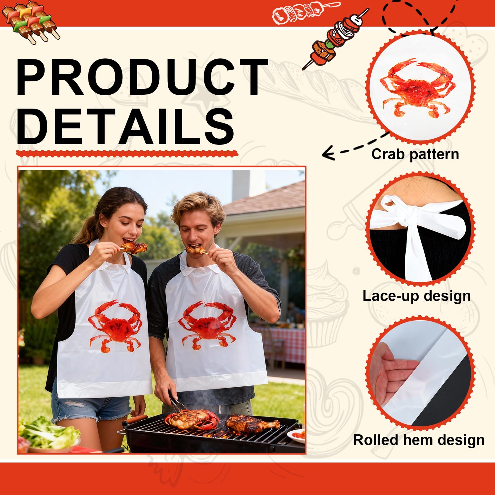 Lot de 100 bavoirs jetables en forme de crabe – 43,2 cm de large pour adultes, bavoirs imperméables pour homard et écrevisses pour fêtes de crustacés, barbecue, restaurant
