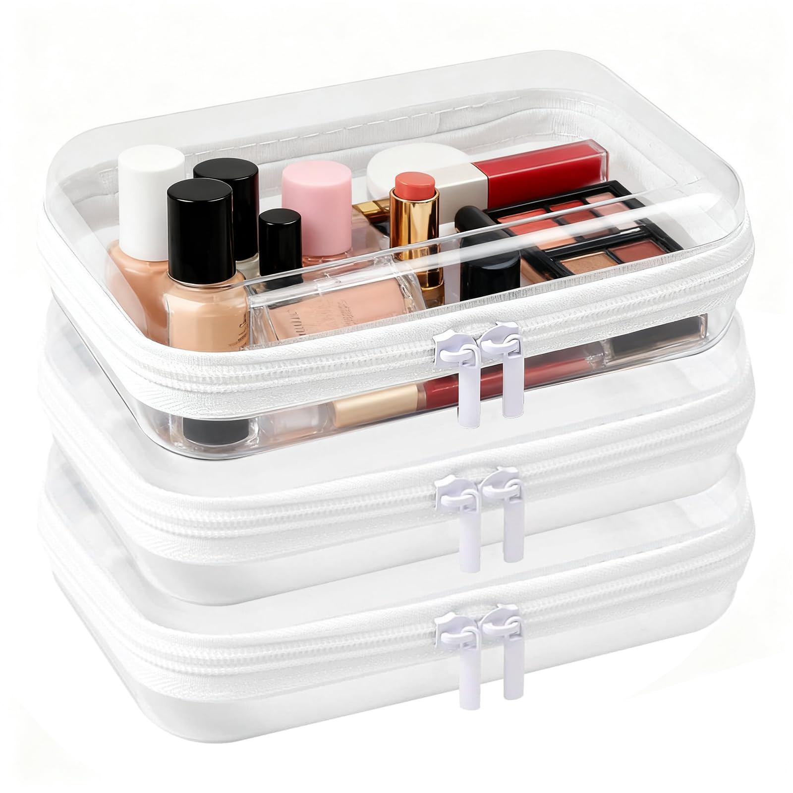 XHNKEG 3 PCS Clear Hard Zipper Case, Waterproof Transparent Pencil Case Clear Hard Zip Bags Double Zipper Toy Bag Make Up Storage Organizer