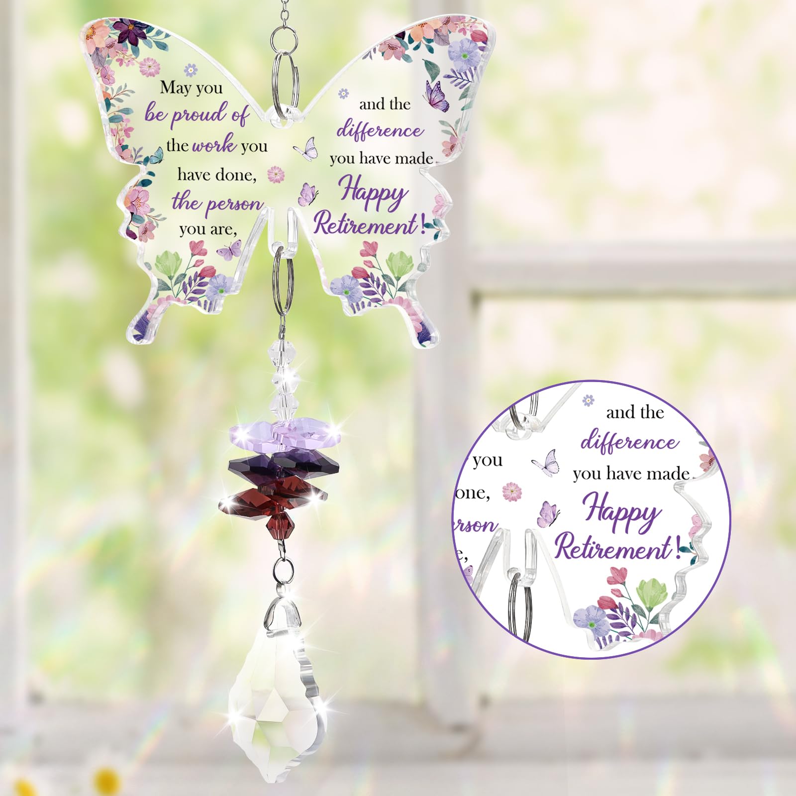 Funnli Retirement Gift for Woman Purple Crystal Window Hangings Decor, 2026 Retired Gifts, Retirement Gifts for Women Friends Coworkers Nurse Boss Employee Butterfly Acrylic Plaque
