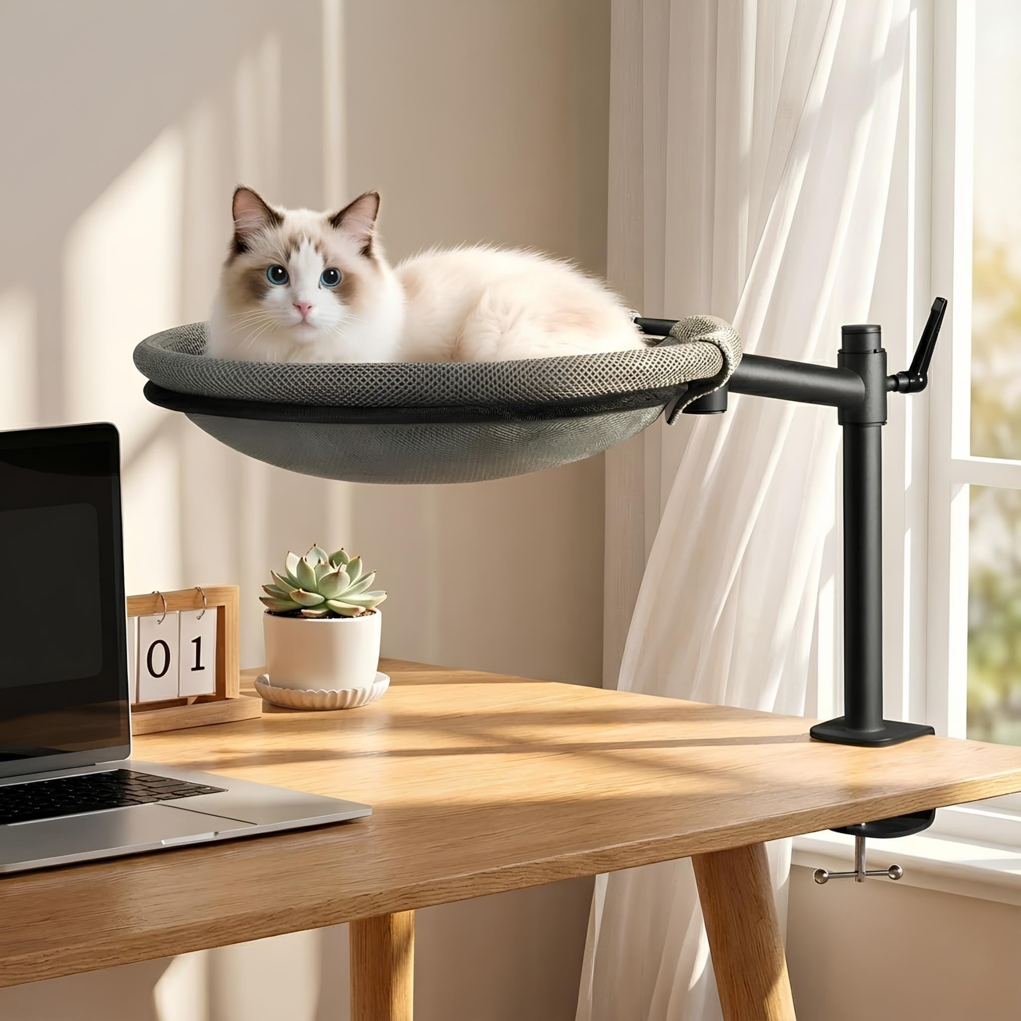 Photo 1 of Unidevice Cat Desk Bed - Sturdy Cat Bed for Desk with 360° Rotating & Adjustable Height, Elevated Cats Nest Perch for Desk, Grey