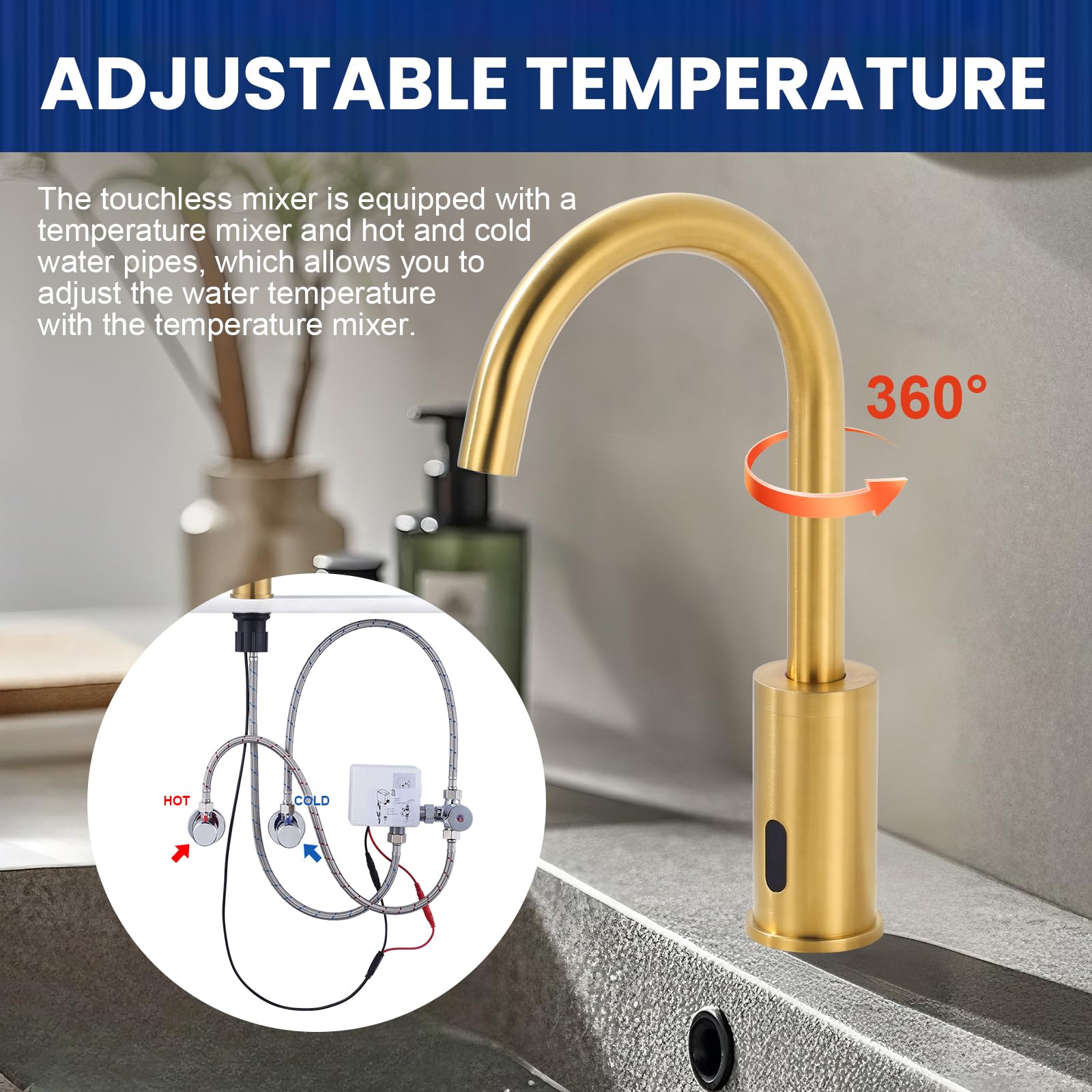Sensor de grifo: grifo de baño sensor infrarrojo para baño – grifo de baño automático con caja de control – mezclador de temperatura, oro