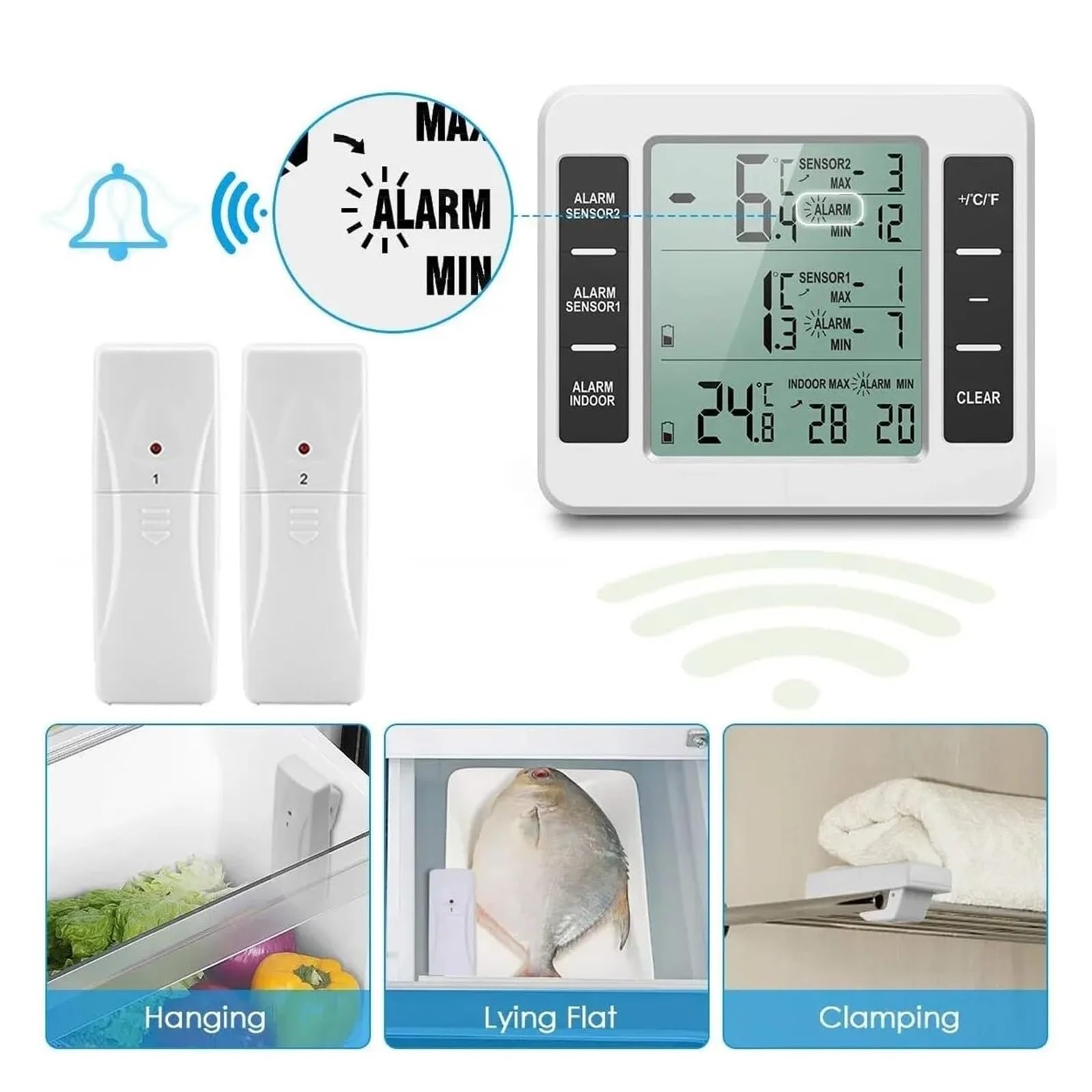 Thermomètre De Réfrigérateur LCD, Alarme Sonore Numérique, Compteur De Réfrigérateur Avec 2 Capteurs De Température, Affichage Min/Max, Intérieur Et Extérieur Moniteur Précis