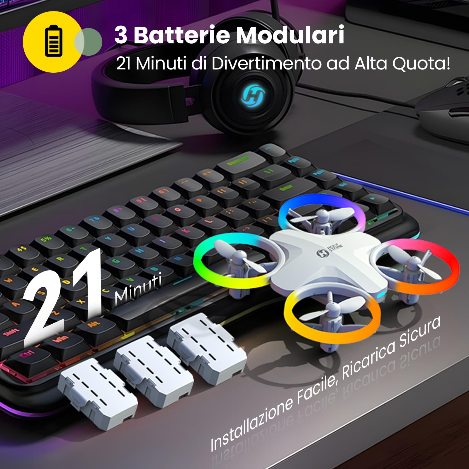 Holy Stone HS180 Mini Drone per Bambini 6-12 Anni con Luci LED e 3 Batterie | Quadricottero RC Pieghevole, 21 Minuti di Volo, Flip 360°, Facile da Usare, Regalo di Compleanno per Ragazzi e Ragazze