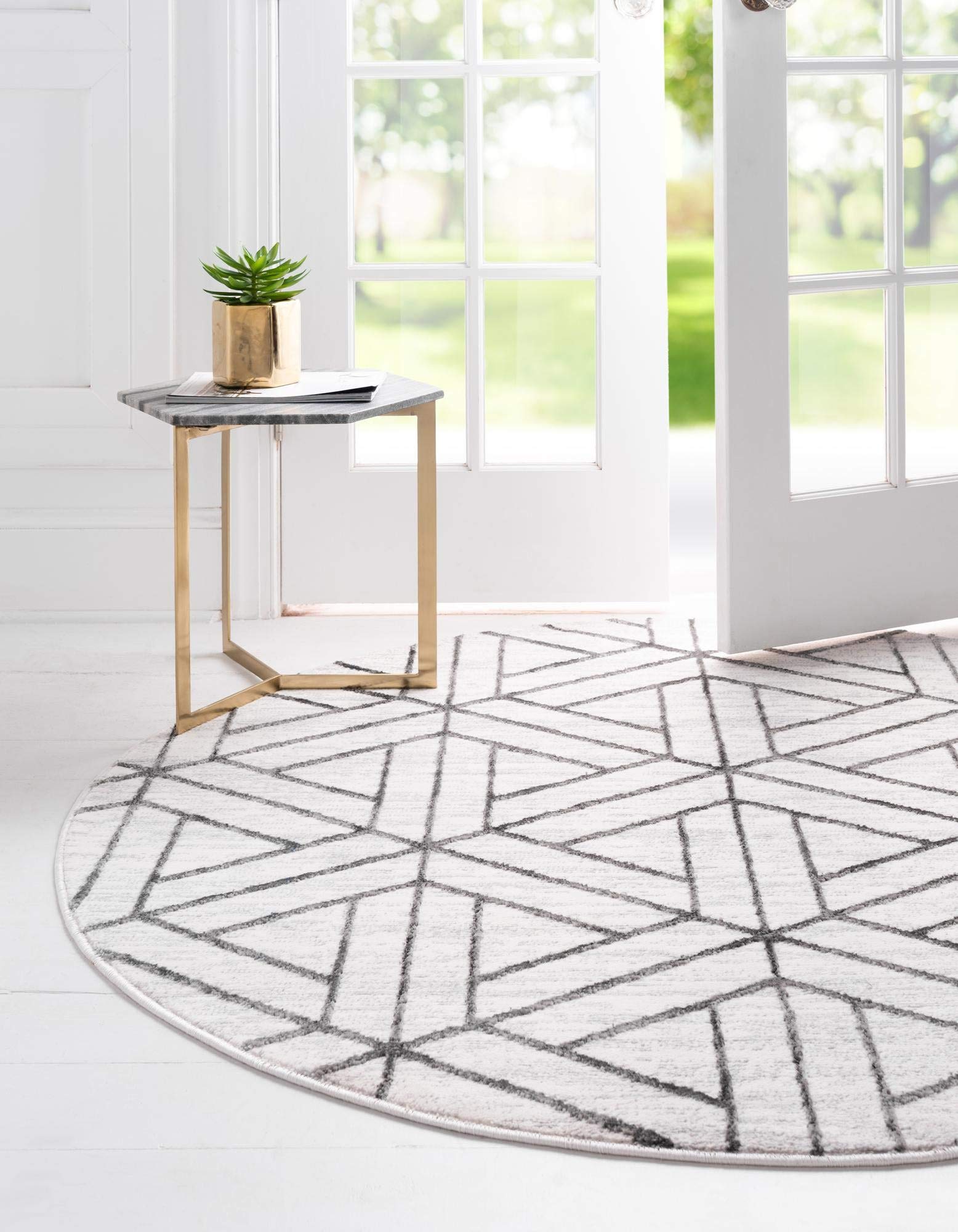 Rugs.com Lattice Trellis Collection Rug – 3 Ft Round White Low-Pile Rug Perfect for Kitchens, Dining Rooms