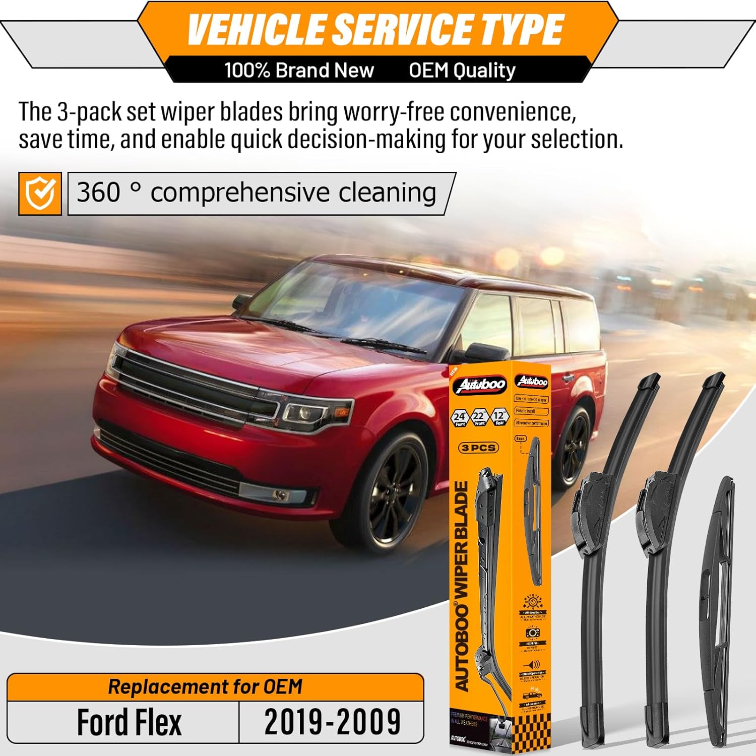 AUTOBOO 24"+22" Windshield Wipers with 12" Rear Wiper Blade Replacement for Ford Flex 2009 2010 2011 2012 2013 2014 2015 2016 2017 2018 2019 -Original Factory Quality (Pack of 3)