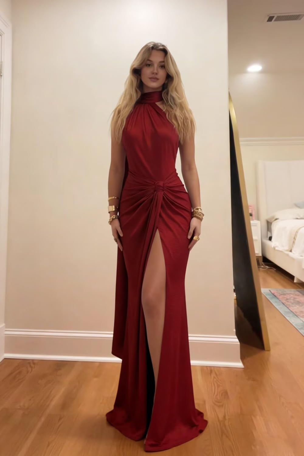 Mermaid Prom Dresses 2026 Satin Bridesmaid Dress with Slit Long Pleated Formal Gowns with Scarf IMR035