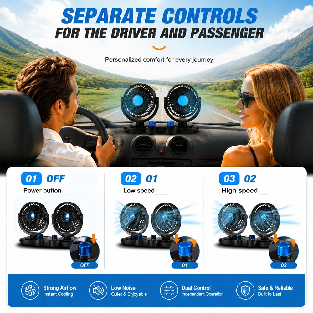 Ventilatore per auto, 12 V, doppia testa, portatile, rotazione a 360 gradi, silenzioso, a 2 velocità, per SUV, camper, barca, camper, ATV
