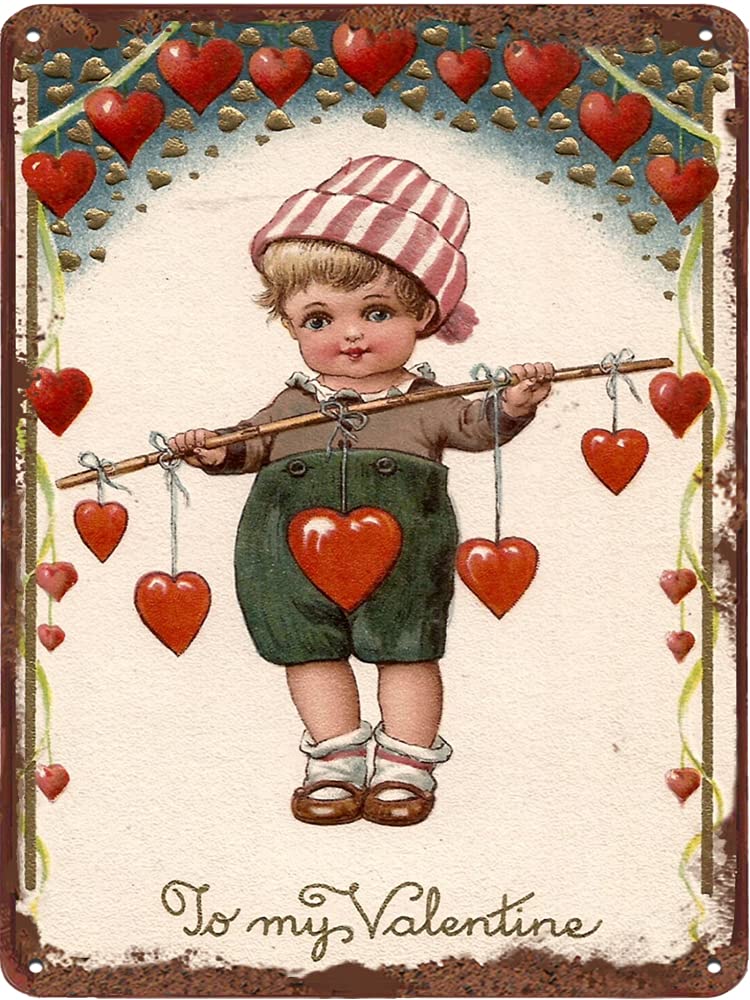 Dreacoss Cute boy with Hearts Vintage Tin Sign Valentine Metal Sign Valentine's Day Gift Wall Decor for Home Office Bedroom Living Room Coffee Bar Club Pub Decor Housewarming Gift 8x5.5 Inch